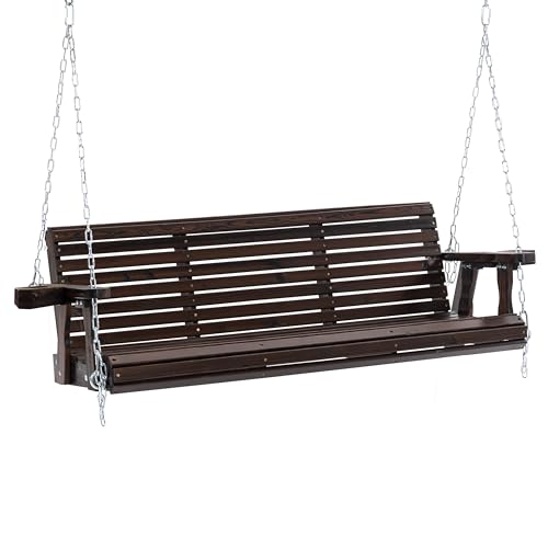 Finnhomy Fir Wooden Hanging Porch Swing Beach with Cupholders and Hanging Chains, 880 LBS Weight Capacity with 5 ft. Seat Width, for Outdoor Patio Garden Backyard(Rustic,Swing) - color: Rustic, size: Swing Only