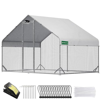 CHIKENCOOP 9.8x6.5x6.5ft Metal Chicken Coop, Hardware Cloth, Solar Light | One-room walk-in chicken run with galvanized hardware cloth, full-top waterproof UV-resistant cover, and 3-mode solar light - size: 118.0"L x 80.0"W x 80.0"H