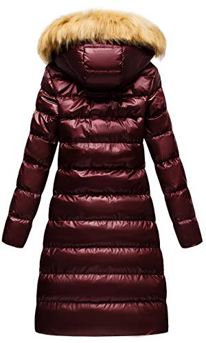 CREATMO US Women's Long Winter Faux Fur Coat Puffer Warm Jacket with Detachable Hood - color: Shine Wind Red, size: Large