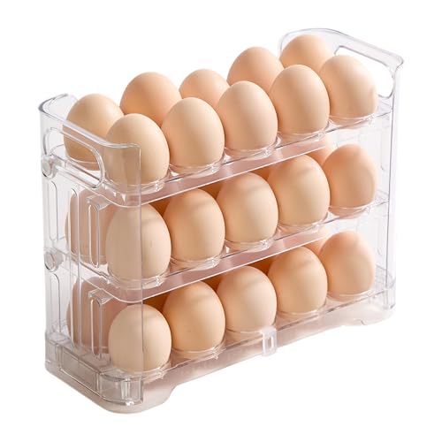 3-Tier Egg Holder, Holds 30 Eggs with Lift-Up Layers & Date Tracker, Multi-Use egg Organizer with Handle for Countertop, Pantry, Refrigerator, Clear