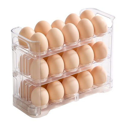 3-Tier Egg Holder, Holds 30 Eggs with Lift-Up Layers & Date Tracker, Multi-Use egg Organizer with Handle for Countertop, Pantry, Refrigerator, Clear