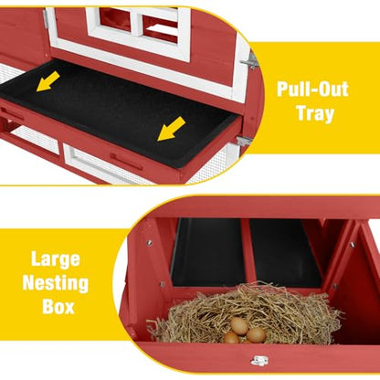 Aivituvin Chicken Coop for 2-4 Chickens with Wheels Outdoor Chicken House Mobile Large Poultry Cage Pull Out Tray No Leakage - color: Red