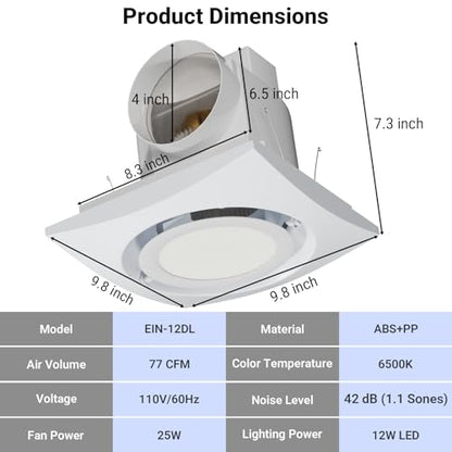 10 Inch Panel Bathroom Exhaust Fan with Light, 77CFM 1.1 Sones Round Quiet Bathroom Fan with 12W 6500K LED Light Combo, 4 Inch Duct Ceiling Mount Exhaust Fan for Home/Bath/Office/Hotel, White - size: round