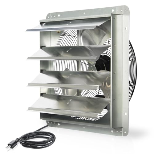JVO 18 Inch Shutter Exhaust Fan - 2600 CFM High Velocity Wall Mounted Ventilator, 1.8m Power Cord, Auto Shutters - for Garage, Attic, Greenhouse, Shed, Shop, Workshop & Industrial Ventilation - size: 18 inch - With Power Cord