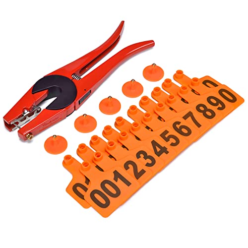 50PCS Numbered Ear Tags Livestock TPU Identification Card Ear Tag Kit Animal Earring Tag for Cow Cattle Calf and 1PCS Animal Ear tag applicator (Orange) - color: Orange, size: 50