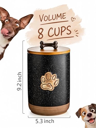 Miamolo Dog Treat Container Airtight Dog Treat Storage Jar with Lid, 8 Cups Ceramic Dog Food Storage Container with Handle, Rustic Dog Cookie Jar - Gift for Dog Lovers, Paw Dotted Black - color: Paw Dotted Black