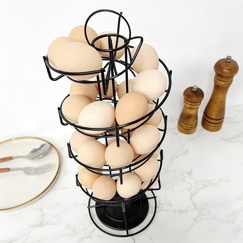 Egg Holder Countertop, Black Metal Spiral Egg Skelter Dispenser Rack with 360° Rotating Design, Farmhouse Egg Storage Display, Wide Stable Base Kitchen Organizer for Fresh Eggs