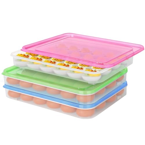 77L Deviled Egg Containers with Lid, Set of 3 Stackable Egg Carriers, Holds 72 Eggs for Refrigerator, Clear Trays for Parties & Holidays - color: pink,blue,green, size: 72 Eggs