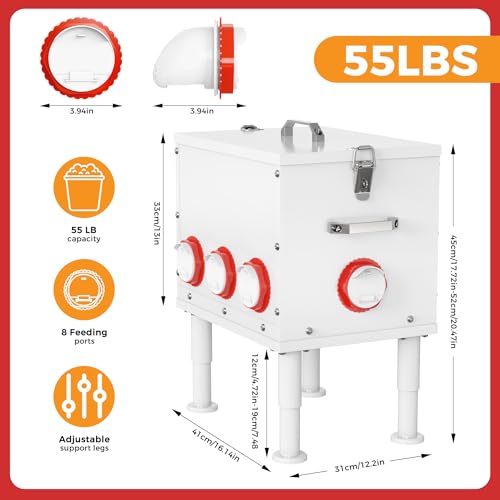 Automatic Chicken Feeder 50lbs Capacity Metal Chicken Feeder with 8 Ports No Waste Chicken Feeder Weatherproof Poultry Feeding Equipment with Handle, Locking Lid & Adjustable Legs for Outdoor