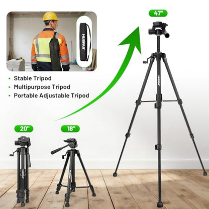 Laser Level Tripod, Huepar 47” Tripod for Cross Line Laser Distance Measures, Phone and Camera, Aluminum Professional Tripod Stand with 1/4" Thread Mount, Carry Bag and Phone Holder, ET11 - size: 47 inch