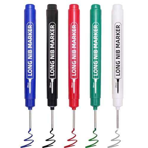 5 PCS Long Nib Marker Pens, 20mm Deep Hole Marker Pens, Quick Dry & Waterproof Construction Markers, Long Head Markers for Metal, Steel, Tile, Glass, Carpenter Marking Pen for Woodworking - color: 5 Pack