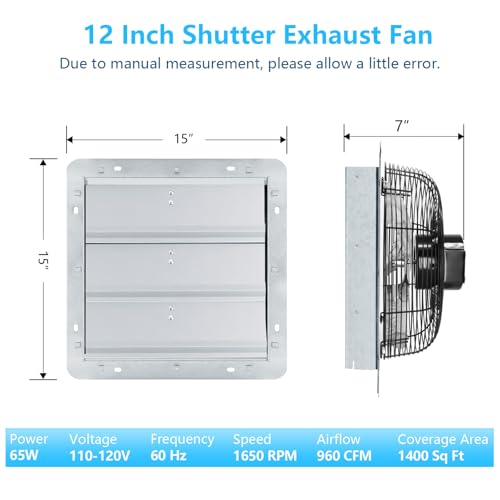 12 inch Shutter Exhaust Fan with Speed & Thermostat Control, 1400 SQ. Ft Coverage Area, 960 CFM, Upgrade Wall Mount Attic Vent Fan for Greenhouse, Garage, Chicken Coops Ventilation Fans - size: 12 inch