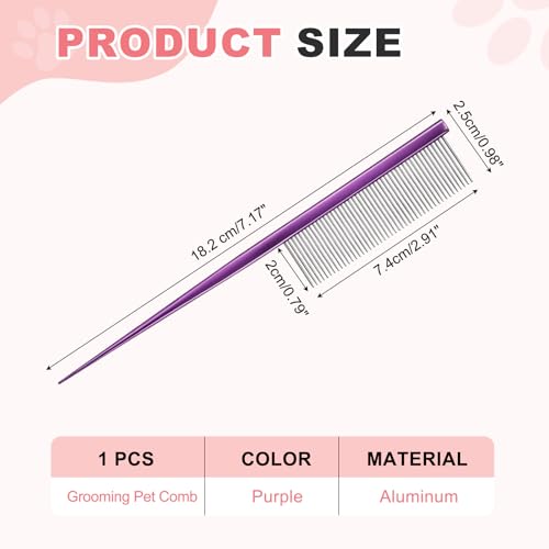 Grooming Pet Comb, 7.2Inch Dog Rat Tail Comb with Rounded Ends Cat Hair Trimmer Combs Knots Mats Loose Hair Removal (Purple), Intended for Small Dog Cat - color: Purple