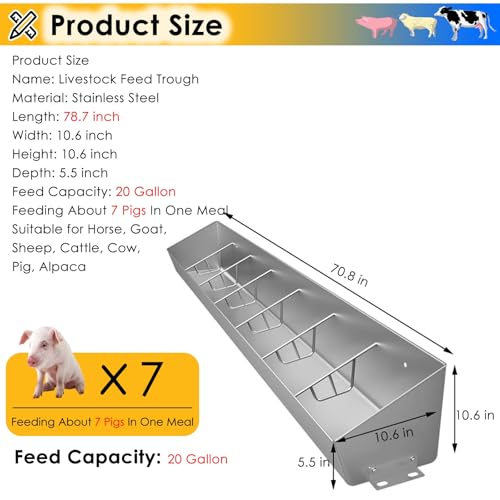 Poultry Trough Feeder for Cattle/Goat/Pig 4 to 6 7-Compartment Livestock Feeding Trough Heavy Duty Stainless Steel Sheep Pens/Swine Farms/Horse Stables Feed Slots - size: 6.5 ft Long/7 Bits