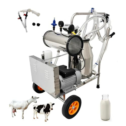 INTBUYING 110V Electric Vacuum Pump Cow Milking Machine Portable Milking Equipment for Cows & Goats with 25L/6.6Gal 304 Stainless Steel Bucket, 1440RPM, 10-12 Cows/Hour Capacity Milker for Farm Use