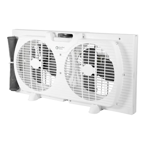 Comfort Zone 9-Inch 3-Speed Reversible Twin Window Fan – Dual Blade Window Exhaust Fan with Auto-Locking Expanders, 22.25" to 33" Wide – Tabletop Feet & Removable Bug Screen included - color: White, size: 9 inch (3-Speed)