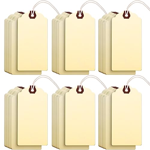 Outus 60 Pcs 4 3/4-in x 2 3/8-in Blank Large Paper Gift Tags with String and Reinforced Eyelet Wire Writable Price Tags Shipping Labels Inventory Labels(Ivory) - color: Ivory