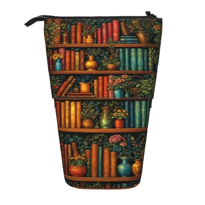 Bookshelf Plant Kids Standing Pencil Case Girls Boys Telescopic Stationary Pouch with Zipper Large Capacity Stand up Pen Bag Portable Makeup Holder for Children School Students Office Supplies - color: Bookshelf