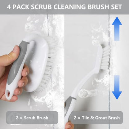 Scrub Brush Set, 4 Pack Deep Cleaning Brush Kit - 2 Scrub Brush, 2 Tile & Grout Brush with Built-in Scraper, Household Commercial Scrubber for Floor, Shower, Pool Wall, Tub (Gray) - color: Gray