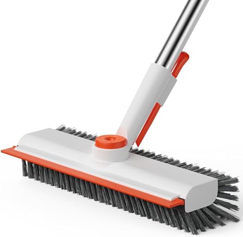AIR U+ Floor Scrub Brush with Long Handle, 3 in 1 Scrape and Heavy-Duty Stiff Bristle Scrubber Brush for Cleaning Shower Bathroom, Patio, Pool, Garage, Kitchen, Wall and Deck, White and Orange - color: White and Orange, size: 1 PACK