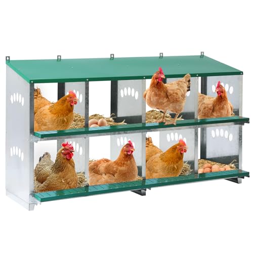 Chicken Nesting Box, 8 Hole Metal Nesting Boxes for Chickens with Roll Away Egg Collection, Swing Perch, Wall Mount Egg Laying Box for Backyard Coop and Laying Hens - size: 8 Holes with Wall Mount