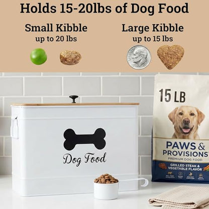 Dog Food Container Airtight 15-20 lb (70 Cup) Capacity with Metal Scoop - Cute Airtight Dog Food Storage Container with Bamboo Lid - White Metal Kibble Storage Bin for Dogs up to 100 lbs - Big Pet Jar - color: White