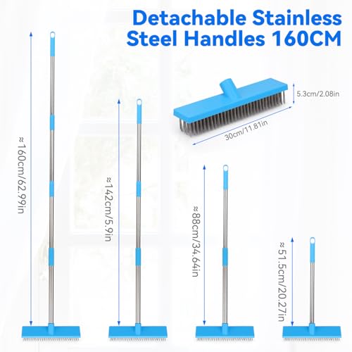 Heavy Duty Wire Broom with 70.8" Telescopic Handle: Stainless Steel Outdoor Broom for Cleaning Moss Concrete Floors Grout Gardens Patio Deck Concrete Garage - color: Blue- 70.8 Inch