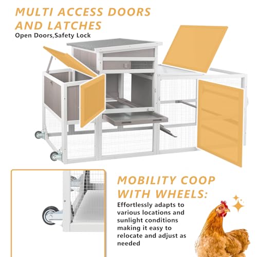 Chicken Coop with Wheels and Handle, 158" Mobile Chicken House for 4-8 Chickens with Run Outdoor, 2-Story Wooden Poultry Cage with Nesting Box, Removable Tray, Waterproof Roof for Hen, Rabbits, Ducks - size: 158.0"L x 23.6"W x 39.0"H