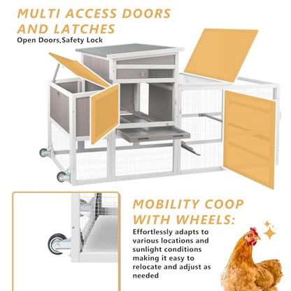Chicken Coop with Wheels and Handle, 158" Mobile Chicken House for 4-8 Chickens with Run Outdoor, 2-Story Wooden Poultry Cage with Nesting Box, Removable Tray, Waterproof Roof for Hen, Rabbits, Ducks - size: 158.0"L x 23.6"W x 39.0"H