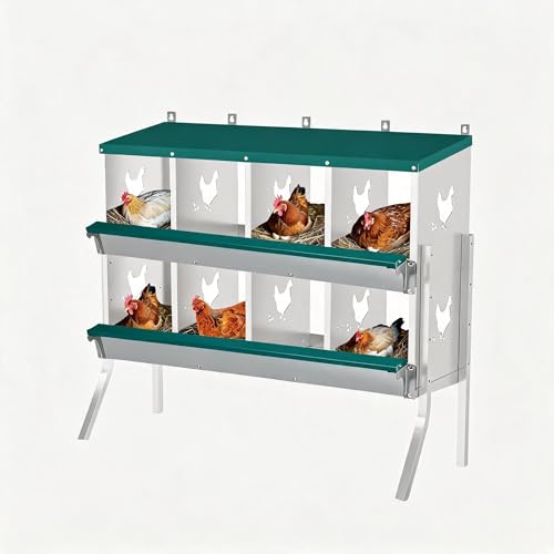 Wall Mounted Chicken Nesting Box – Weather Resistant Galvanized Steel Poultry Nest with 10 Absorbent Pads & 4 Fake Eggs, Egg Roll-Away System & Protective Lid for Coop, Barn, Backyard Hen House - size: 8 Room&Mat eggs