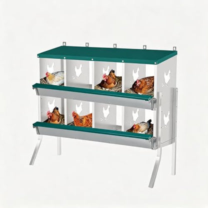 Wall Mounted Chicken Nesting Box – Weather Resistant Galvanized Steel Poultry Nest with 10 Absorbent Pads & 4 Fake Eggs, Egg Roll-Away System & Protective Lid for Coop, Barn, Backyard Hen House - size: 8 Room&Mat eggs