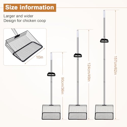 10in Wide Stainless Steel Chicken Poop Scooper with Adjustable Handle,36"-62" Long,Detailed mesh Design,Easy to Use Cleaning Tool for Chicken Coop, Sand Sifting