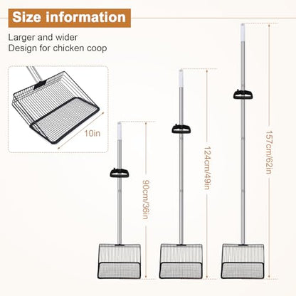 10in Wide Stainless Steel Chicken Poop Scooper with Adjustable Handle,36"-62" Long,Detailed mesh Design,Easy to Use Cleaning Tool for Chicken Coop, Sand Sifting