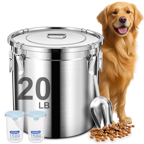 Newget Dog Food Storage Containers, Large Stainless Steel Pet Food Storage Containers 20 lb / 9 kg to Keep Fresh, Metal Airtight Cat Food Containers With Scoop and 2 Small Containers - size: 20 lb