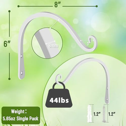 FEED GARDEN Heavy Duty Plant Hooks - 2 Pack 8 Inch Wall Mounted Hanging Brackets, 44lb Capacity Steel Plant Hangers for Bird Feeders, Baskets, Wind Chimes -White - color: White, size: 8 Inch