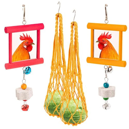 RLRICH 6 PCS Chicken Toys for Coop, Hanging Swing Mirror with Bells Chicken Vegetable Cabbage Feeder for Hens Goose Duck, Chick Beak Grinding Calcium Stone Chewing Toy Chicken Coop Accessories
