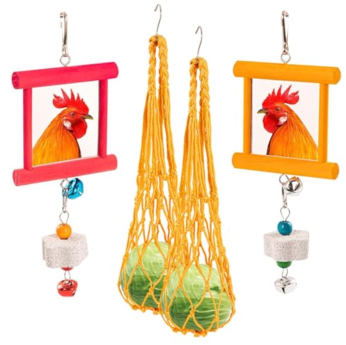 RLRICH 6 PCS Chicken Toys for Coop, Hanging Swing Mirror with Bells Chicken Vegetable Cabbage Feeder for Hens Goose Duck, Chick Beak Grinding Calcium Stone Chewing Toy Chicken Coop Accessories