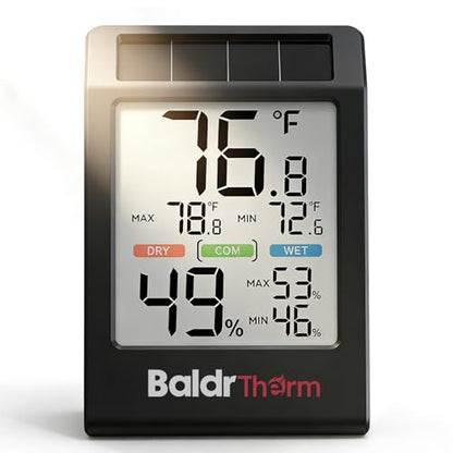 BALDR Indoor Thermometer Hygrometer, Solar Power with Battery Backup, Large Display, Daily Max/Min & Comfort Indicator Humidity Meter（Black） - color: Black
