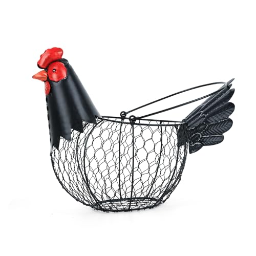 Chicken Egg Basket,Egg Collecting Baskets,Metal Wire Egg Basket with Handle | Farmhouse Chicken Decor,Rustic Black Rooster Chicken Shaped Fruit Bowl Countertop Holder for Home Kitchen Decoration - color: Rustic Black