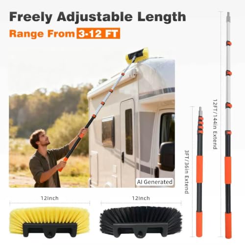 12FT Car Wash Brush with Long Handle, Car Cleaning Brush with 12" Soft Bristle and 12" Hard Bristle, 3-12Ft Telescopic Pole for Scratch-Free Cleaning Truck,RV, Boats,House Siding,Floors,Solar Panels - color: 12ft-orange