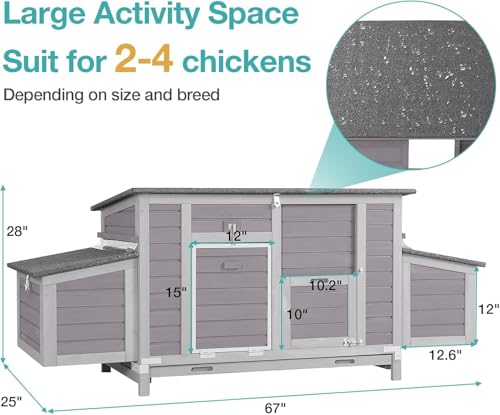 Chicken Coop, Outdoor Hen House Poultry Cage with Nesting Box, Leakproof Pull Out Tray and UV-Resistant Roof (67" L x 25" W x 28" H) - color: Grey, size: 63"L x 27"W x 39.4"H