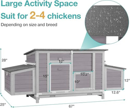 Chicken Coop, Outdoor Hen House Poultry Cage with Nesting Box, Leakproof Pull Out Tray and UV-Resistant Roof (67" L x 25" W x 28" H) - color: Grey, size: 63"L x 27"W x 39.4"H