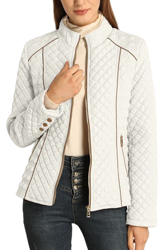 Bellivera Women's Stand Collar Lightweight Quilted Puffer Jacket | Casual Padded Zip Long Sleeve Coat for Spring and Winter with Pockets - color: White, size: Medium