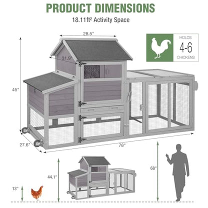 Mobile Chicken Coop with Wheels for 4-6 Chickens, Large Wooden Hen House Duck Cage with Run, Nesting Box, Easy Clean Pull-Out Tray, Waterproof Asphalt Roof - Grey, 78" L x 27.6" W x 45" H - size: 78.0"L x 27.6"W x 45.0"H