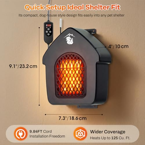 600W Dog House Heater with Shermostat, Wall Mount, 10ft Anti Bite Cord, Overheat Protection, Electric Warmer for Hound Kennel, Cat Cage, Chicken Coop, UL Test Passed, Black