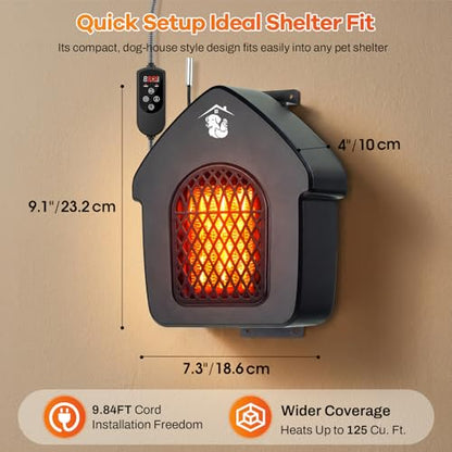 600W Dog House Heater with Shermostat, Wall Mount, 10ft Anti Bite Cord, Overheat Protection, Electric Warmer for Hound Kennel, Cat Cage, Chicken Coop, UL Test Passed, Black