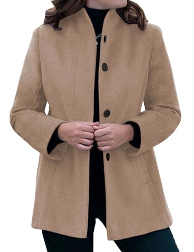 LIZALIG Women's Stand Collar Pea Coat Winter Long Sleeve Wool Blend Short Jackets Single Breasted Blazer Coat Outwear - color: Khaki, size: Small