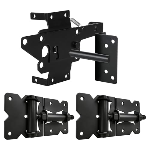 Heavy Duty Self-Closing Gate Hinge and Latch Kit, Self-Locking Hardware for Wooden, Vinyl, and PVC Fences, Adjustable Hinges & Post Mount Latch, Includes 1 Latch & 2 Hinges - size: Gate Hinges with Self Locking Gate Latch