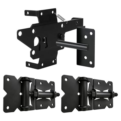 Heavy Duty Self-Closing Gate Hinge and Latch Kit, Self-Locking Hardware for Wooden, Vinyl, and PVC Fences, Adjustable Hinges & Post Mount Latch, Includes 1 Latch & 2 Hinges - size: Gate Hinges with Self Locking Gate Latch
