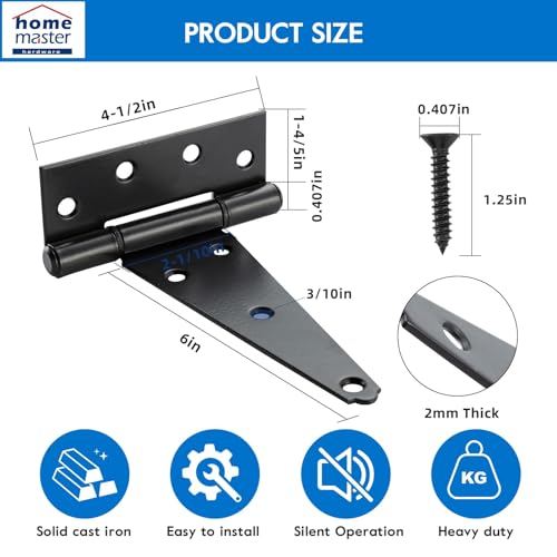 HOME MASTER HARDWARE 6 Inch T-Strap Heavy Duty Shed Door Hinges, Black Tee Hinge for Wooden Fences,Yard Door, Barn Door Gates, Rustproof Wrought Iron with Screws, 2 Pack - size: 6 in-2 Pack